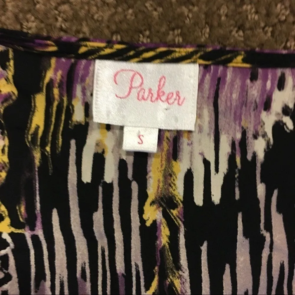 Parker Printed Silk Cinched Waist Tunic Blouse Deep V-Neck Purple & Black Small - Image 3