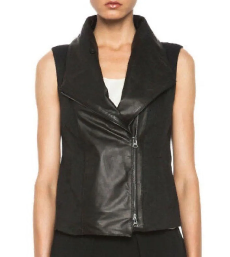 VINCE Black Leather Trim Linen Blend Asymmetrical Vest - Image 9