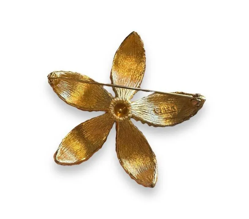 BSK Golden Textured Flower Brooch Pin Vintage - Image 2