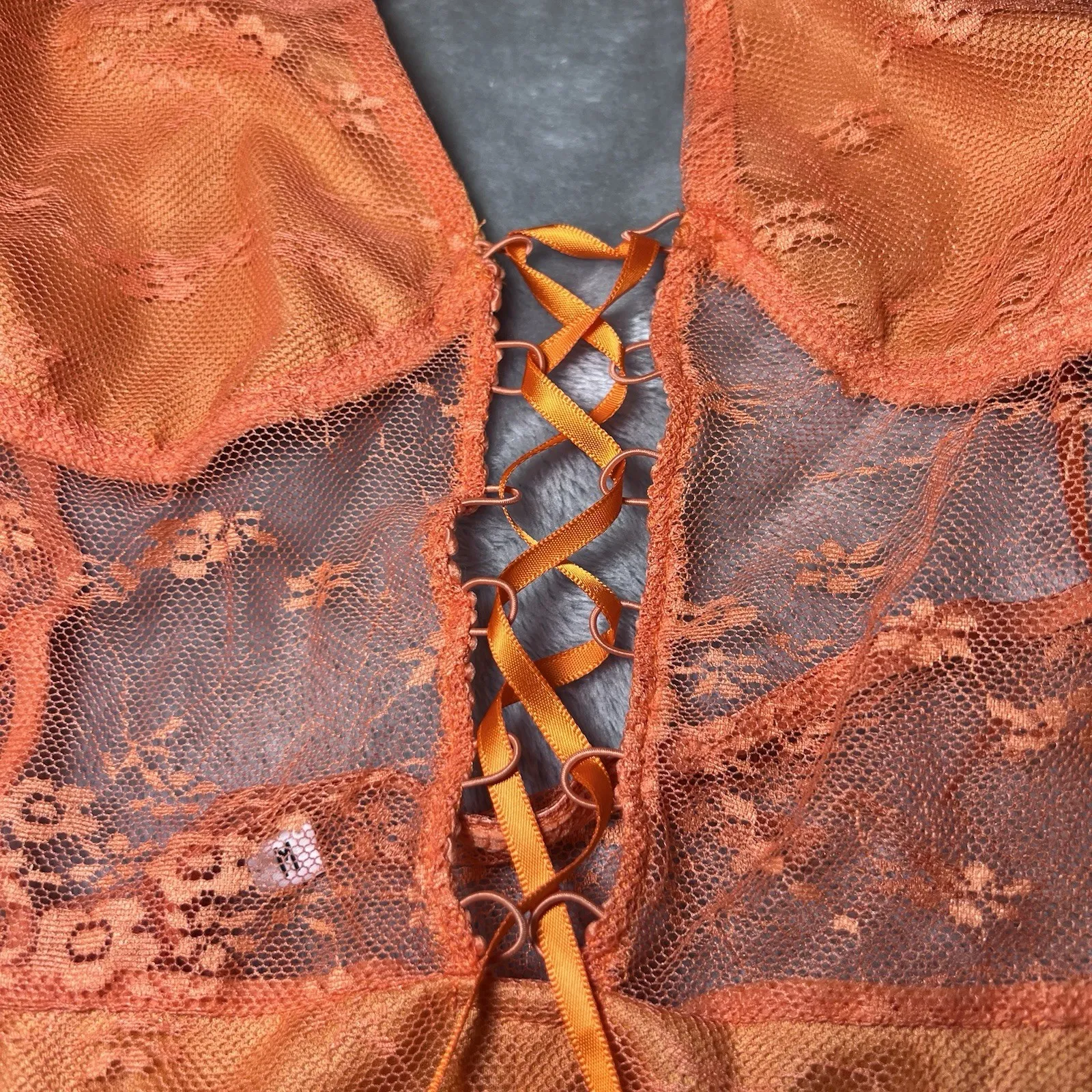Orange Lace Halter Nighty Sheer Mesh Lace Up Front Ruffle Hem Size M Boho Sexy Size M - Image 9