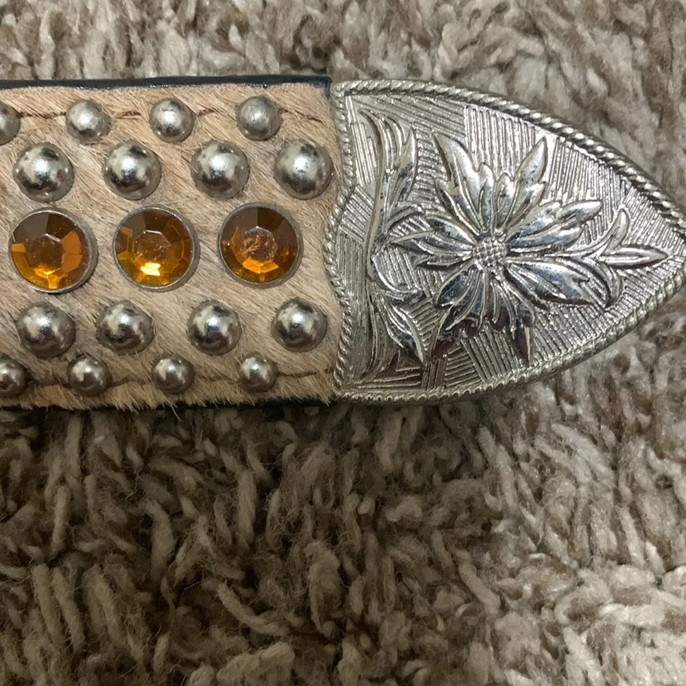 3D Belt Co. 38” Studs & stones silver buckles floral genuine leather cowhidehair Brown - Image 5