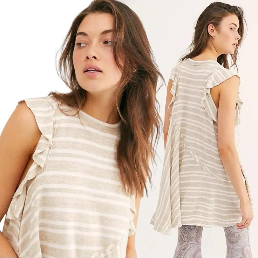 Free People Coastal Preppy Linen Tee Dress Tunic Neutral Tan Stripe Large NWT - Image 4