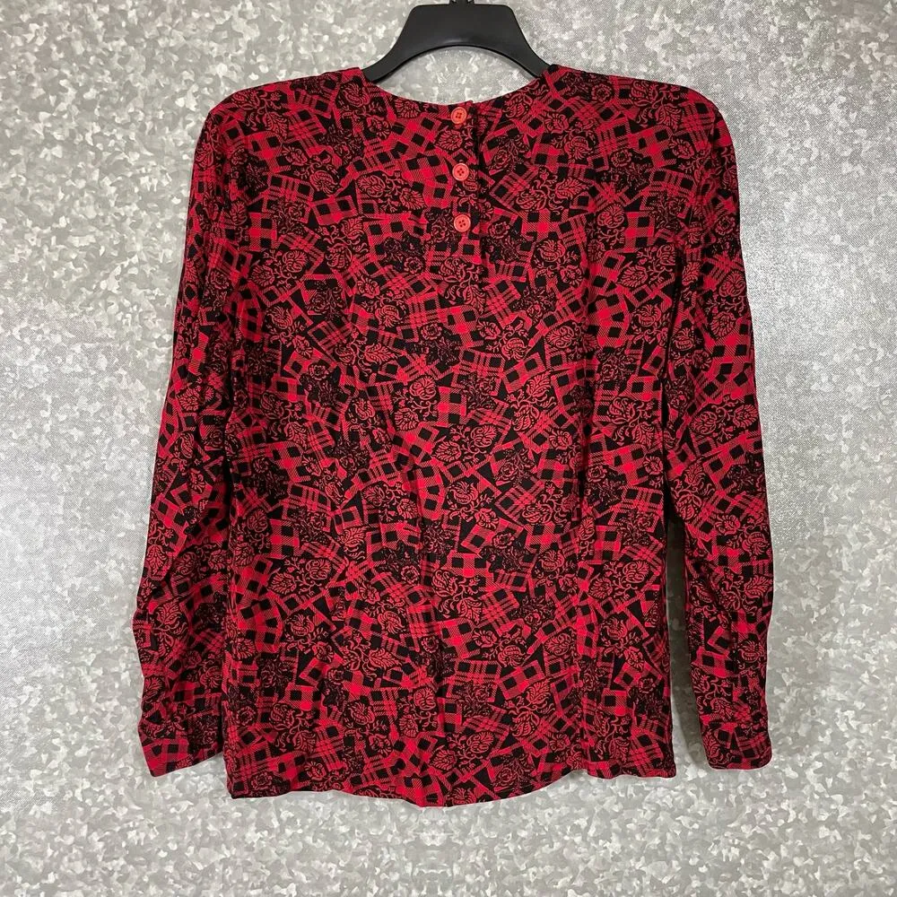 Jones New York Vintage 80's Red Buffalo Check Floral Top - Size 6 - Long Sleeves - Image 7