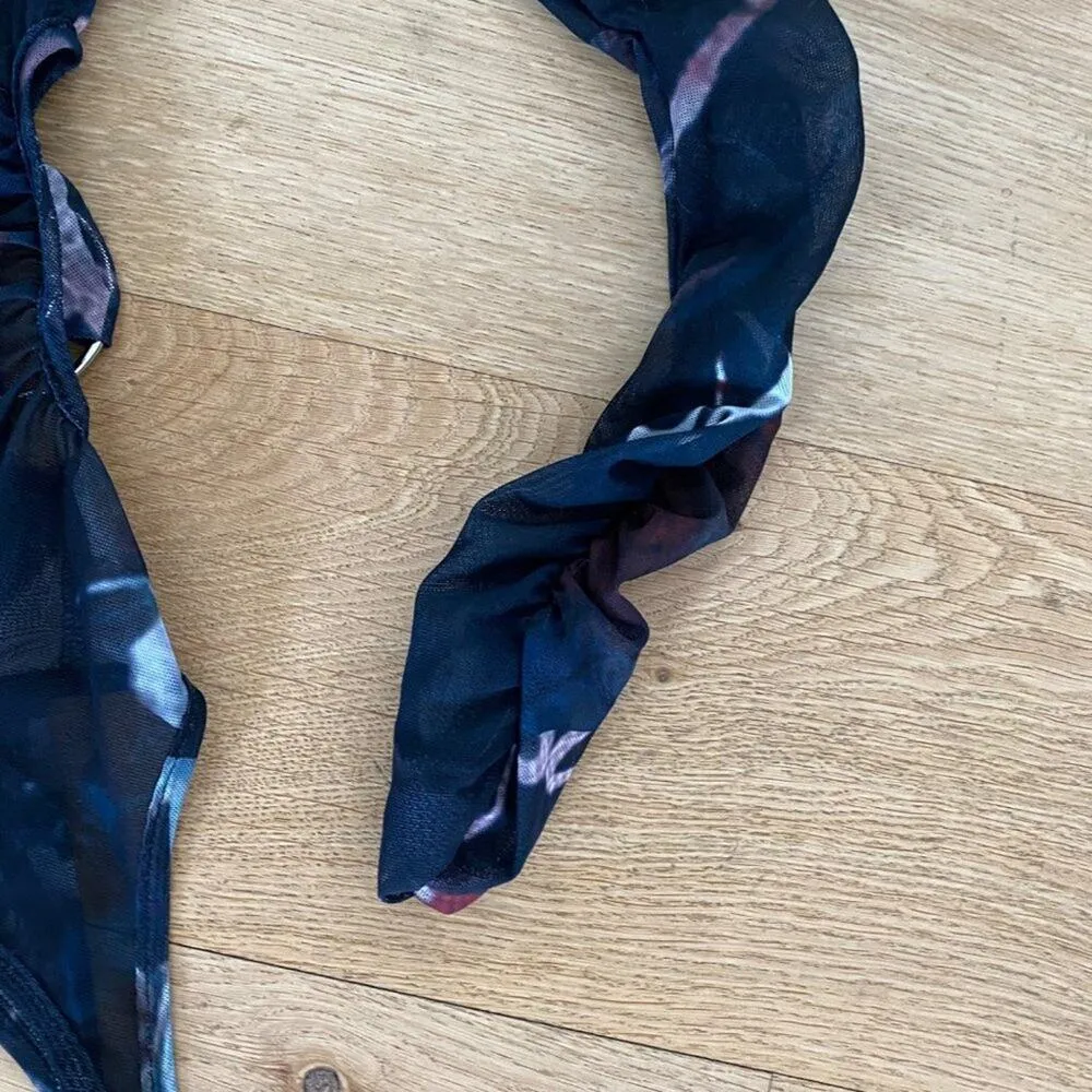 Sheer Mesh High Neck Suspender Belt Long Sleeve Body Top in Black Multi Blue - Image 5