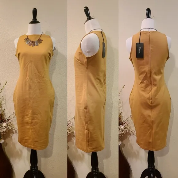 Shinestar Mustard Fitted Dress Large - Image 2