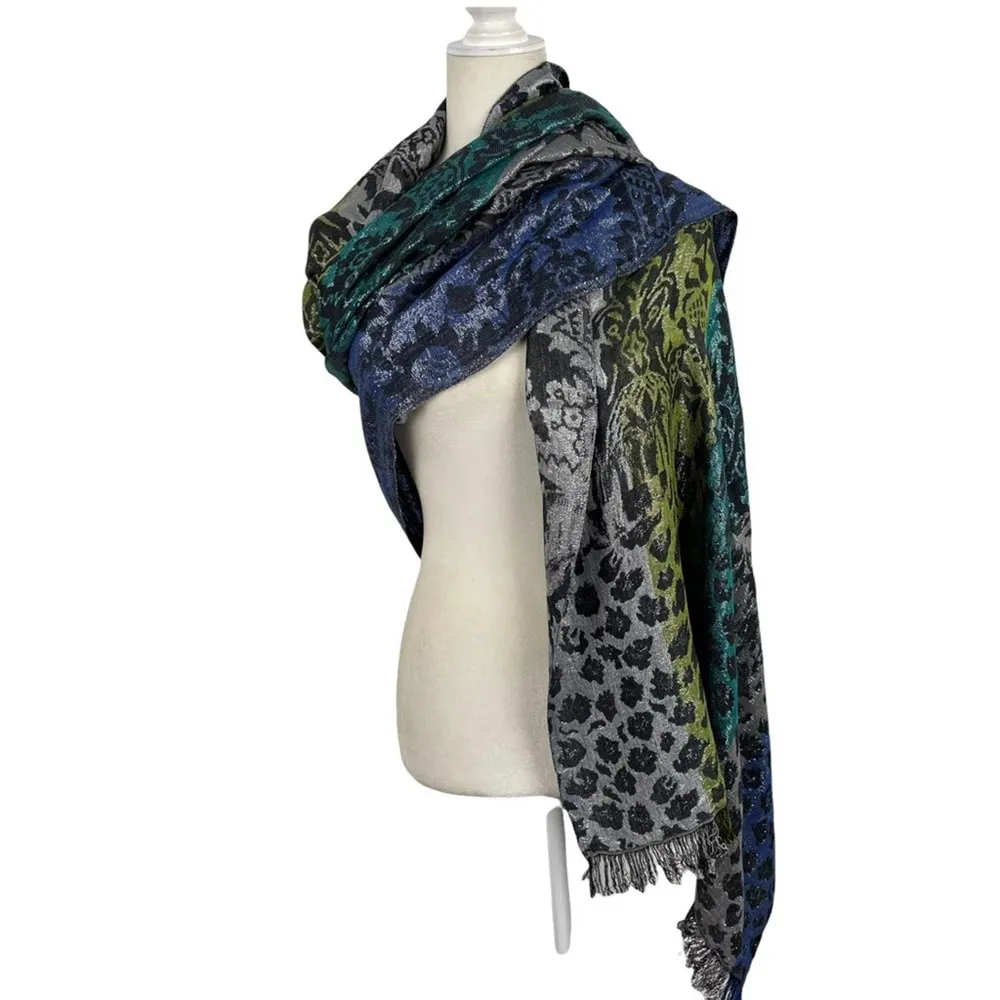 Cejon Animal Print Fringe Metallic Thread Oversized Scarf - Image 12