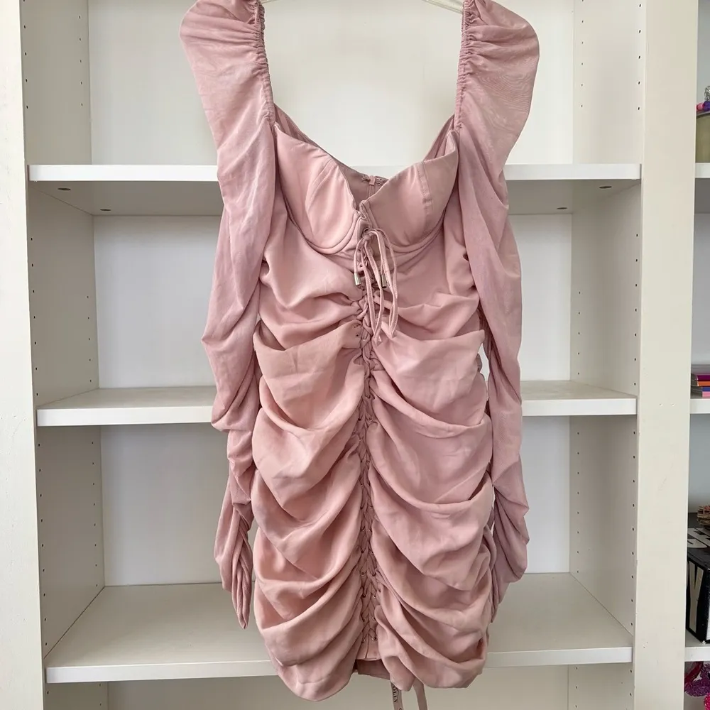 OH POLLY Fantasy Long Sleeve Ruched Mesh Blush Mini Dress - Image 5