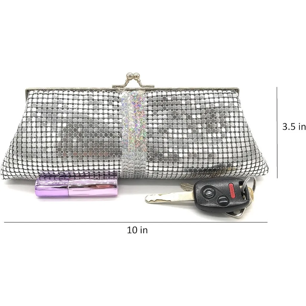 ⚡ Women's Silver Sequin Embellishment Pattern Metal Kiss Lock Evening Clutch Bag - Image 3