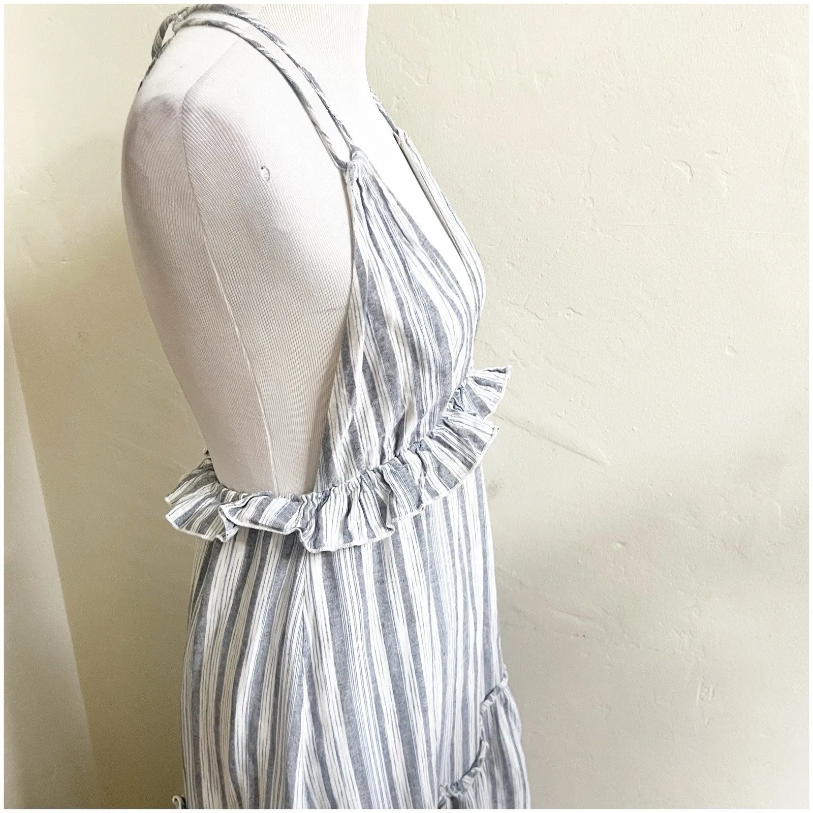 Lulus Vacay Babe Grey White Striped Halter Ruffle Maxi Dress S Bohemian Beach - Image 6