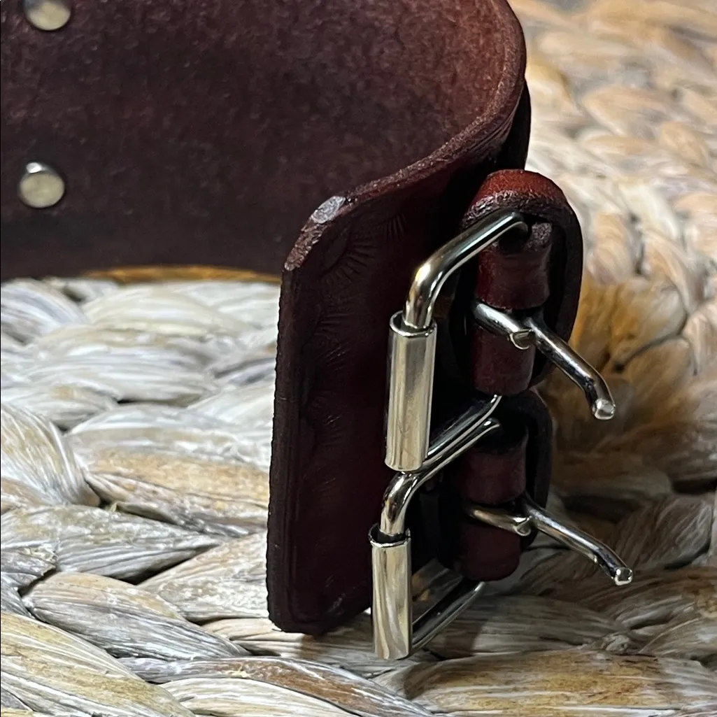 Brown Embossed Leather Double Buckle Bracelet - Image 5