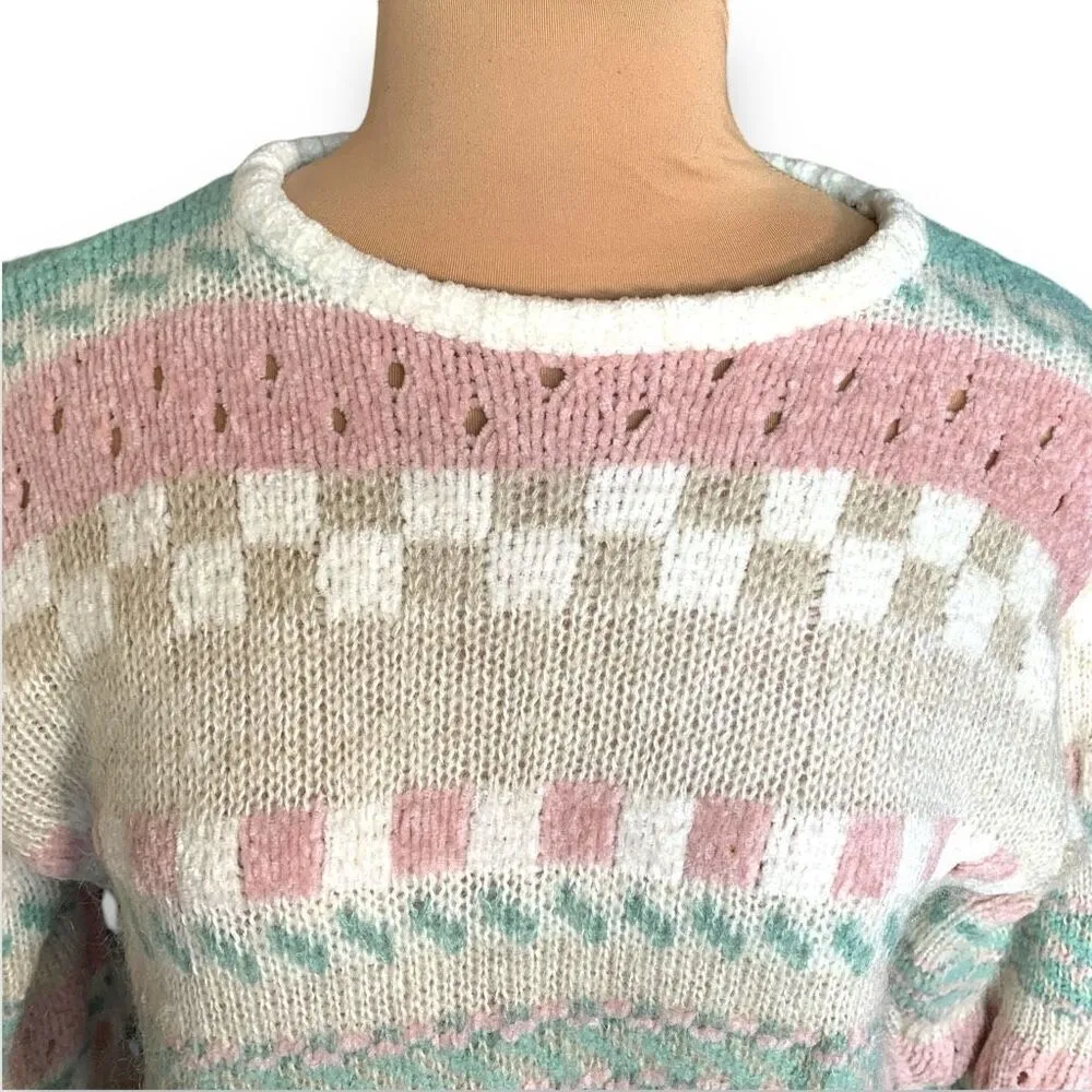 Vintage 90s Sweater Oatmeal Light Pink Mohair Open Weave Checkered Crewneck Knit Tan Size L - Image 4