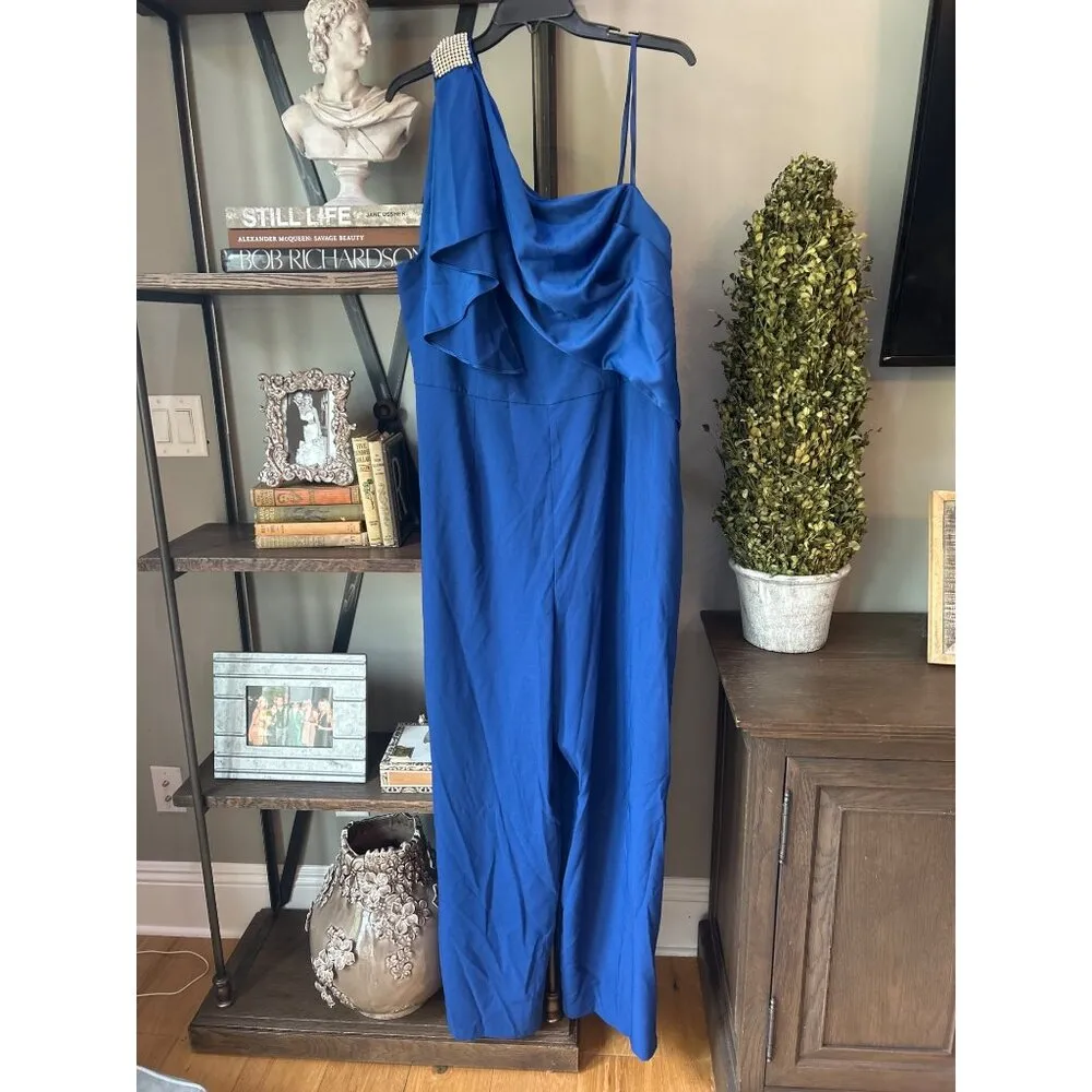 Adrianna Papell Draped One Shoulder Rhinestone Jumpsuit Royal Blue Womens Size 2 - Image 4