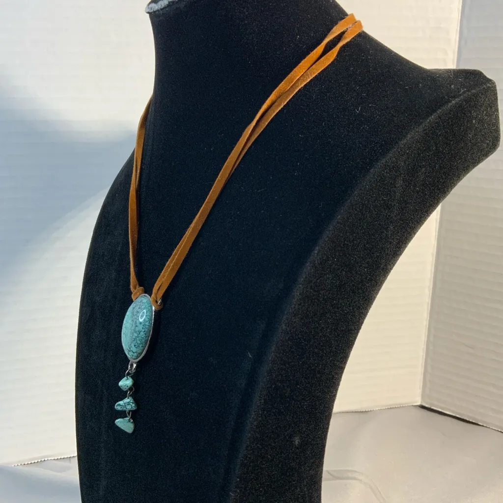 Simulated Turquoise Pendant Necklace Brown Suede. cord Bohemian Southwestern Blue - Image 3