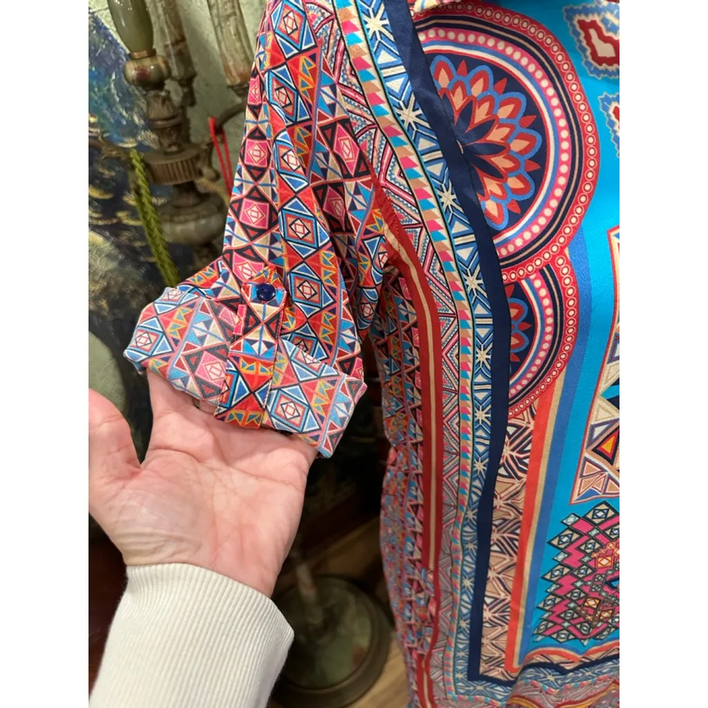 Women's Tolani Long Sleeve Dress M Red Blue Geometric Silk - Image 2