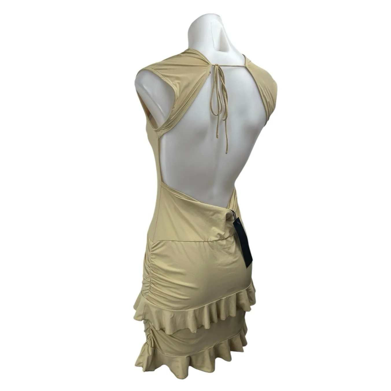 NEW Lioness Oui Oui Yellow Cap Sleeve Ruffle Tiered Open Back Mini Dress Size M - Image 3