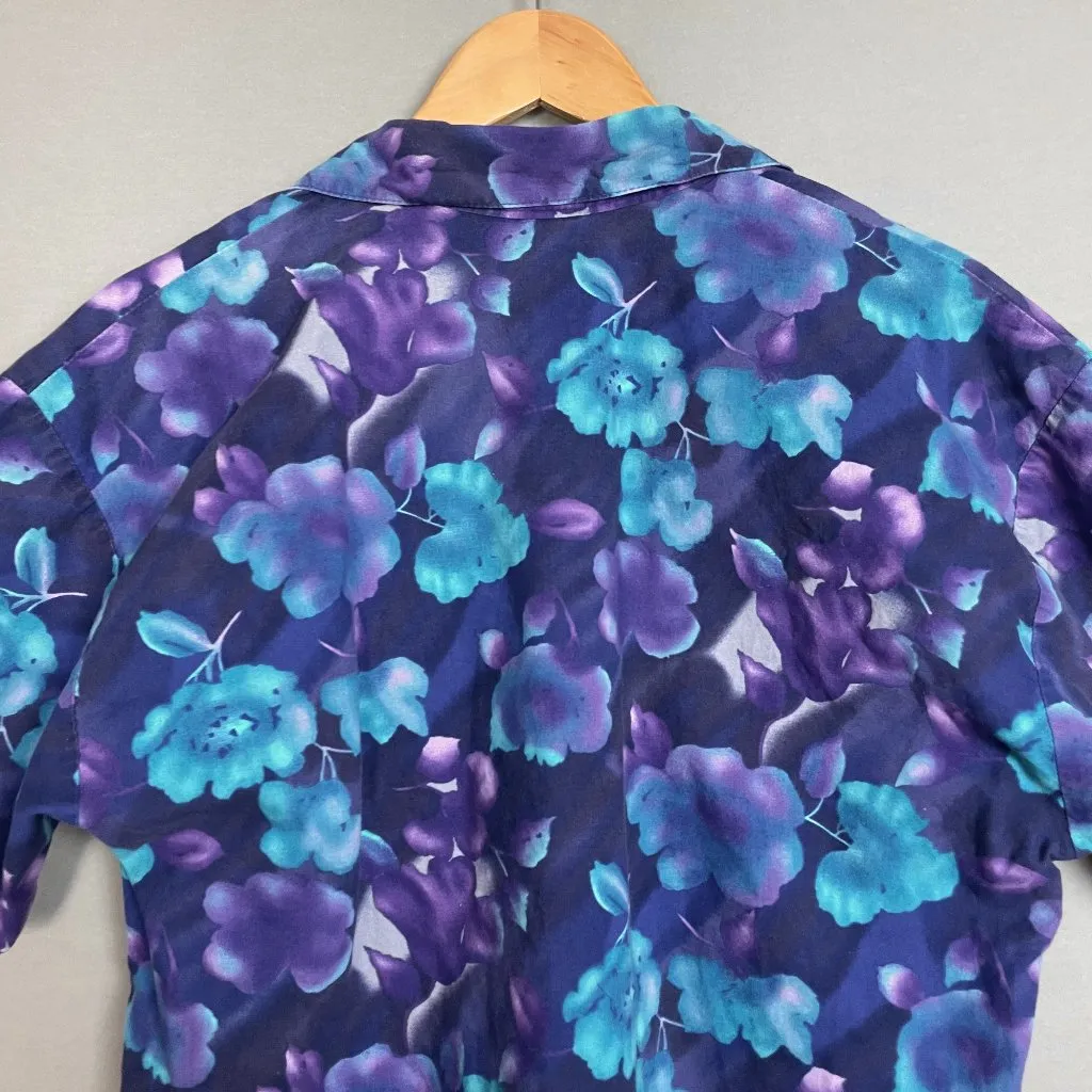 Vintage Floral Shirt Floral Eclectic Print Short Sleeve Women Vibrant Top Purple Size L - Image 5