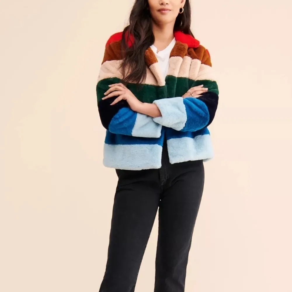 BLANK NYC GUC ** SEE FLAWS** Rainbow Pop Faux Fur Jacket, Size XS, 20” p2p - Image 8