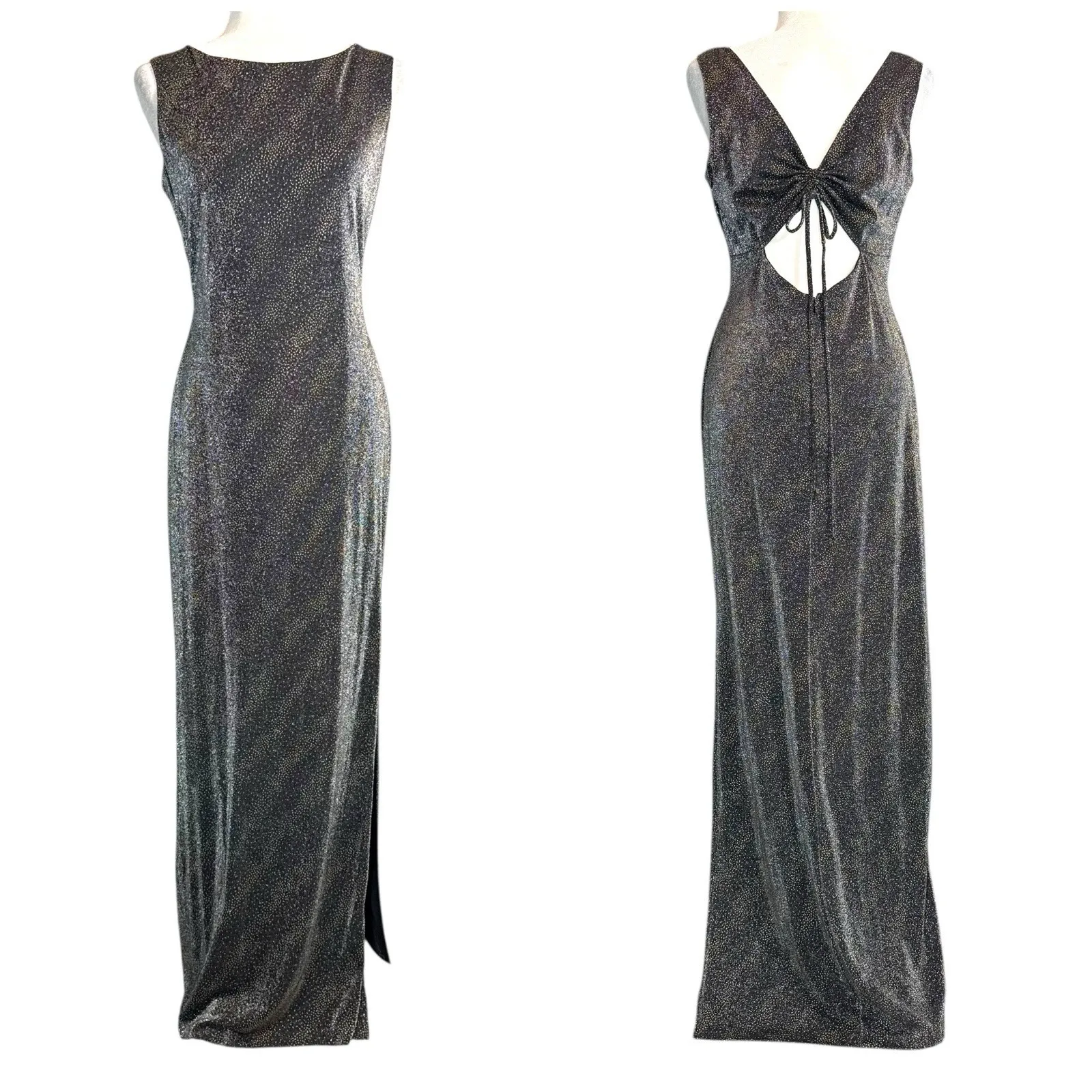 Vintage Cachet Evening Gown 12 Low Back Dress Sparkle Slit Floor Length USA Made Black - Image 2