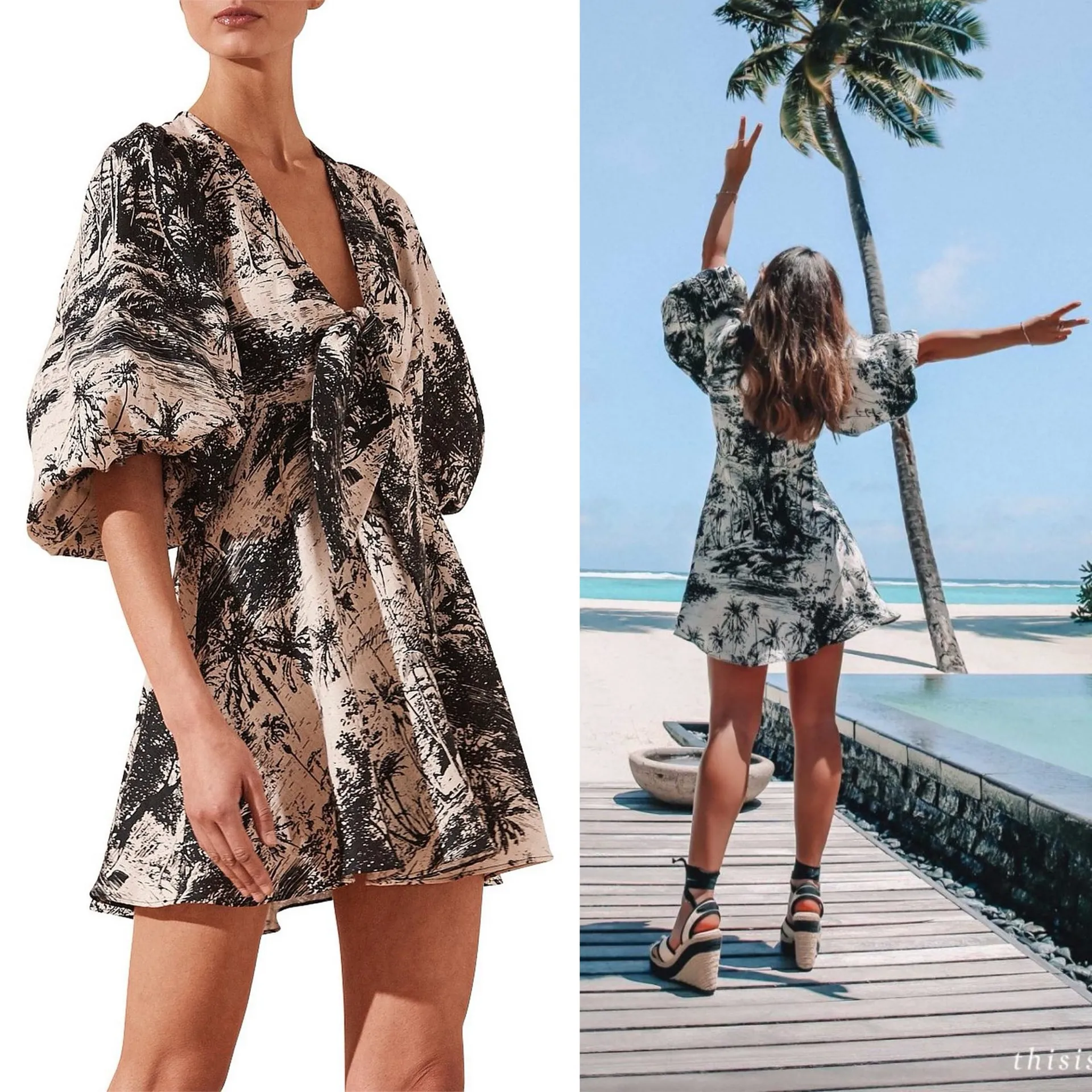 Shona Joy Tie Front Tropical Puff Sleeve Linen Mini Dress - Image 3