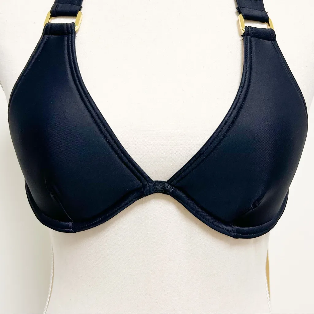 Cyn & Luca Black Halter Underwire Padded Bikini Top NWT Small Gold Tone Rivets - Image 2