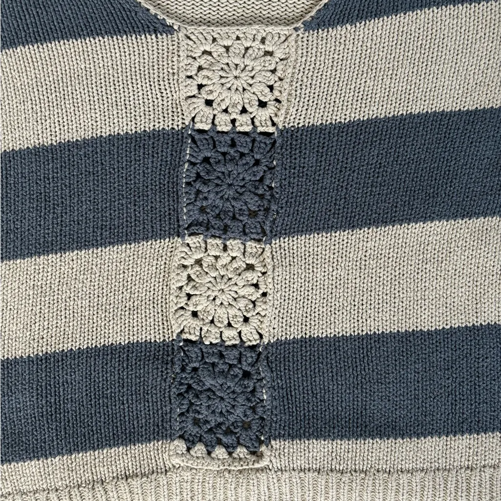 O'Neill Sweater Womens Size L Blue Cream Stripe‎ Crochet Y2K Beachy Coastal Boho - Image 8