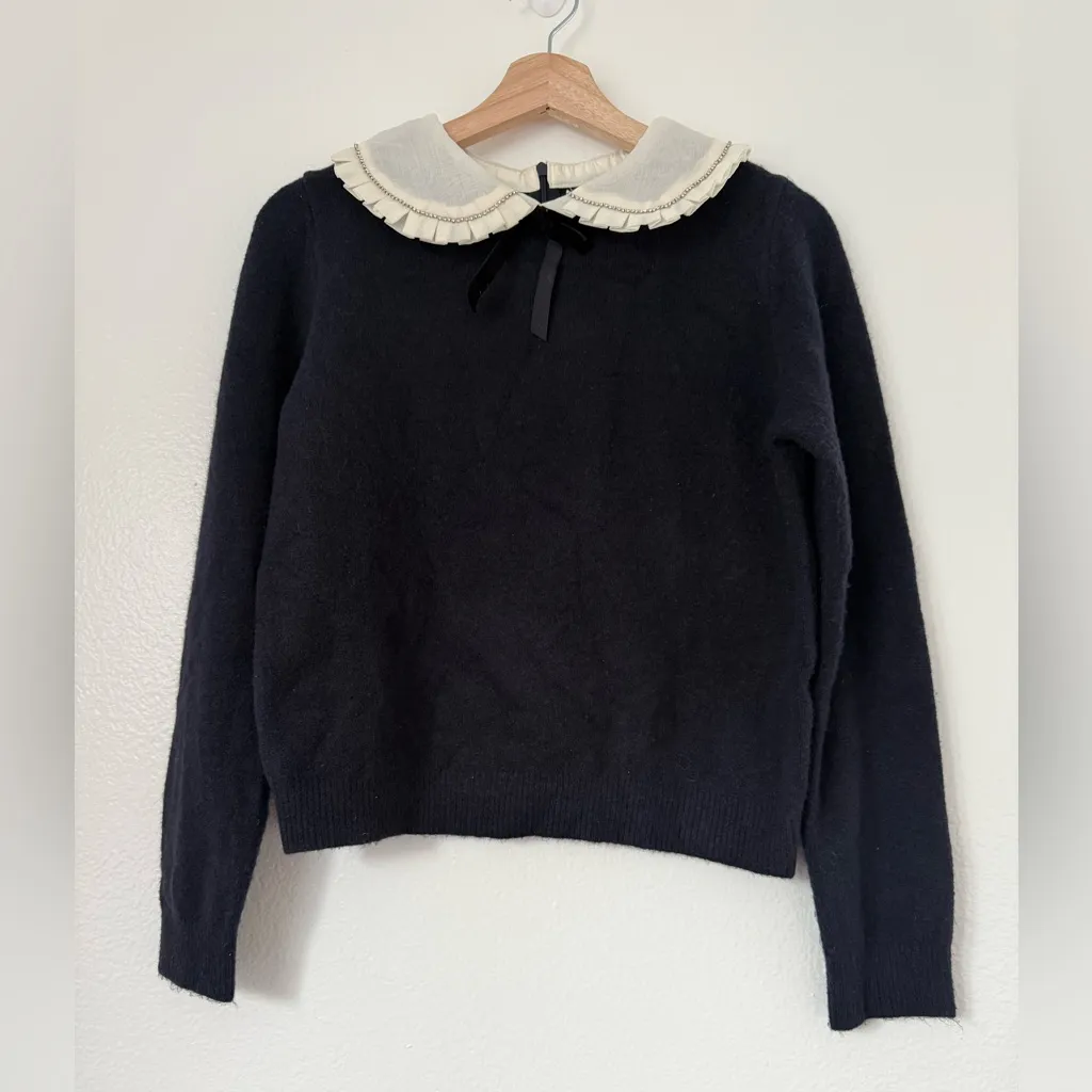 ZARA Navy Blue Rhinestone Trim Peter Pan Pointelle Collar Knit Sweater size M - Image 7