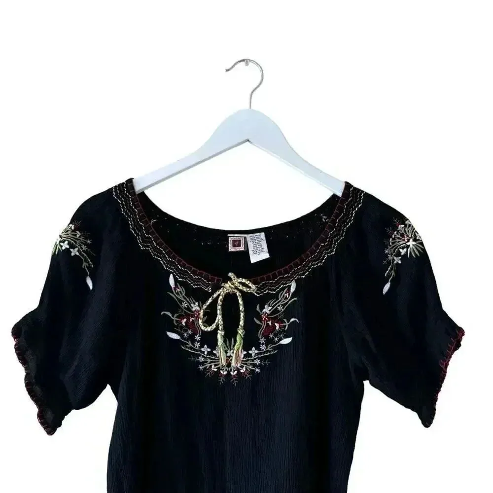 Forbidden Black Embroidered Floral Western Short Sleeves Bohemian Top SZ M #2218 Size M - Image 3