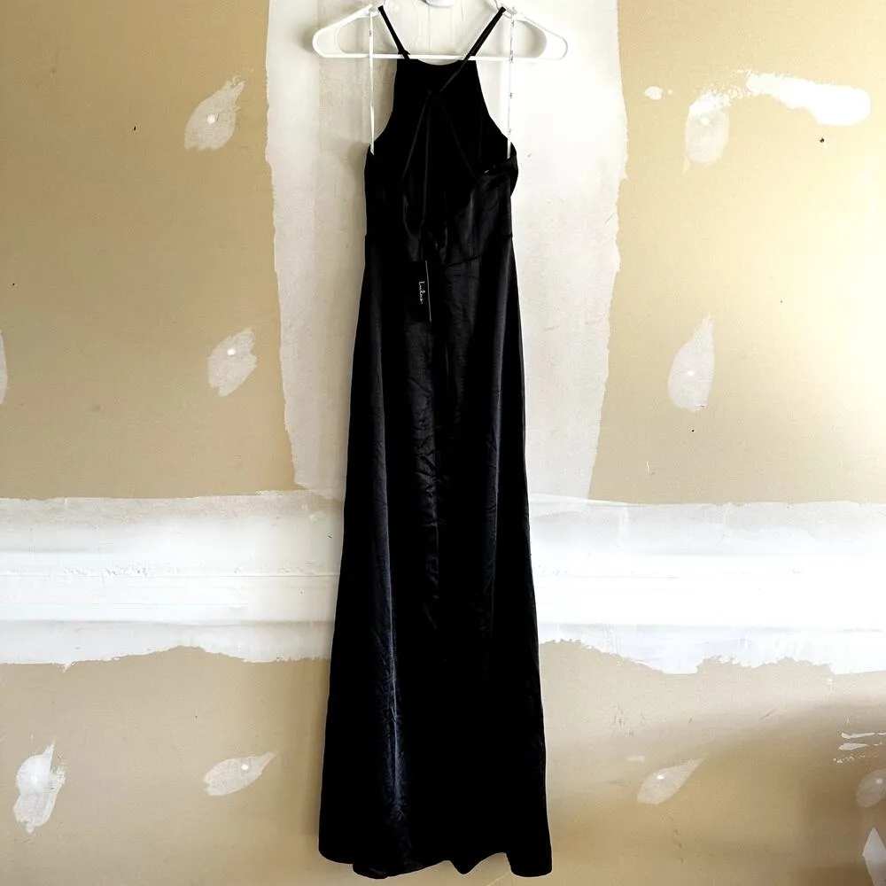 Lulu's Make it Elegant Satin Strappy Maxi Dress Halter Neck Slit Formal Black XS - Image 6