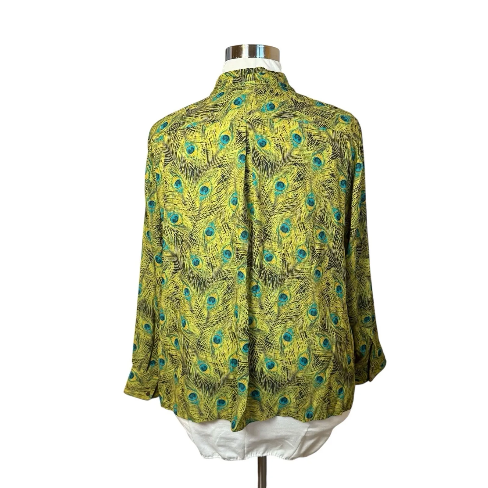 The‎ Limited Green Peacock Print Tie Neck Button Up Blouse 2X Office Statement - Image 4
