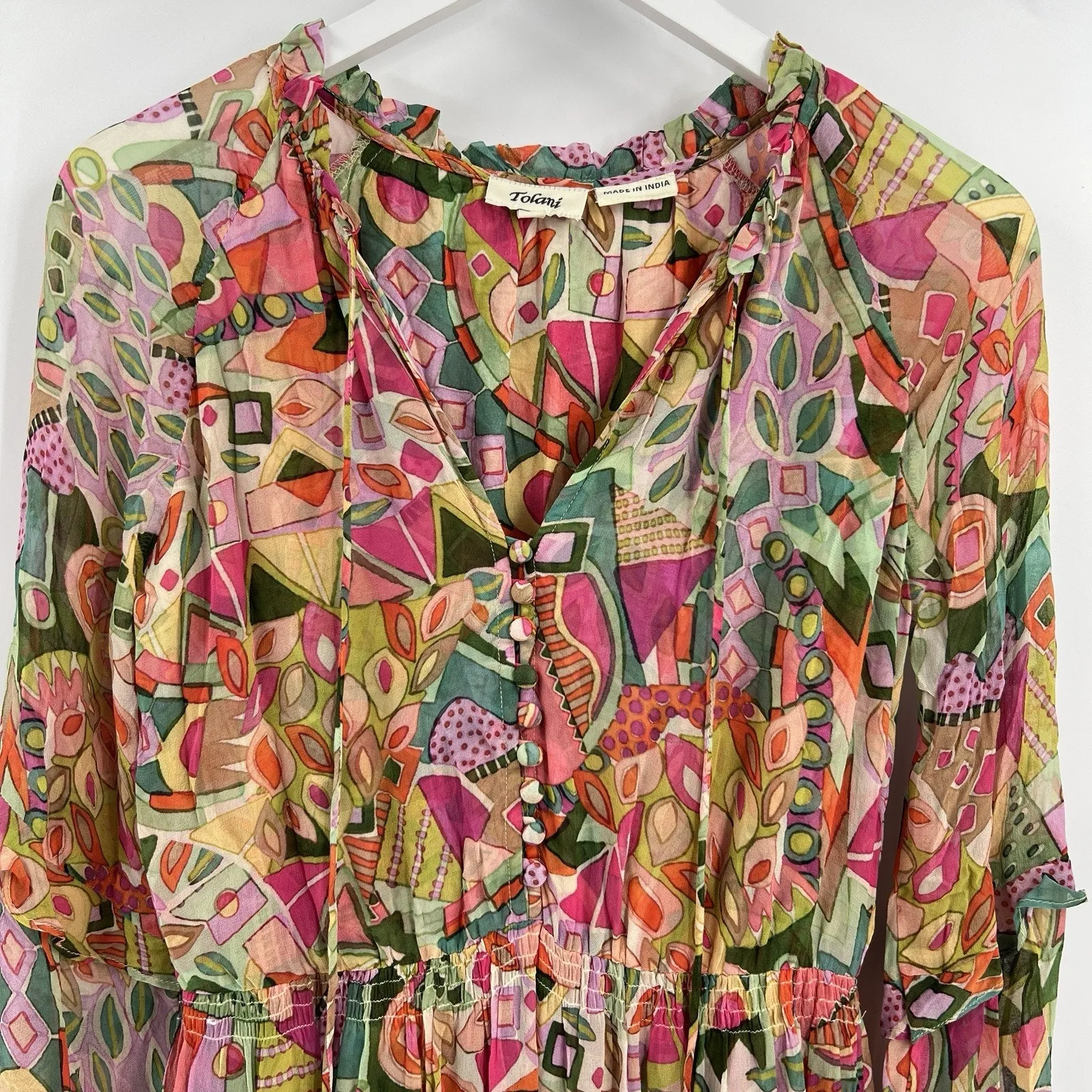 Tolani Collection Sherah Maxi Dress Tropical Long Sleeves Button Smocked Size XS - Image 3