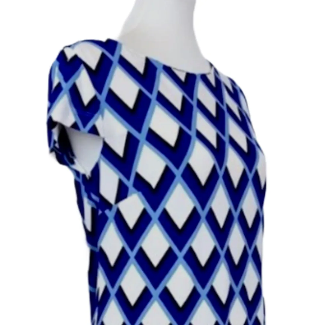 Jessica Howard Women's Shift Dress Cap Sleeve Blue White Geo Print Size Medium - Image 6