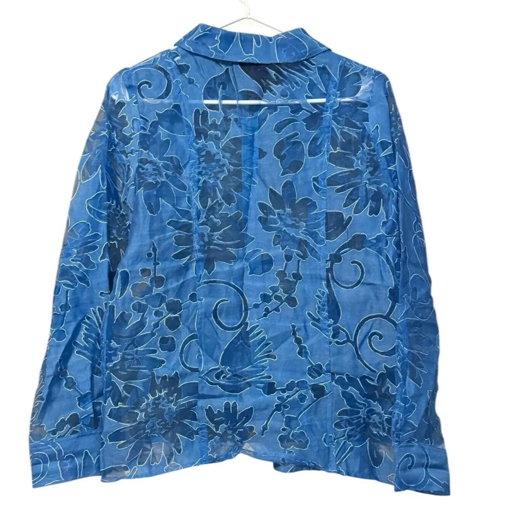 Susan Graver Sheer Floral Zip Up Shirt Jacket Size Small Blue Lightweight - Image 2