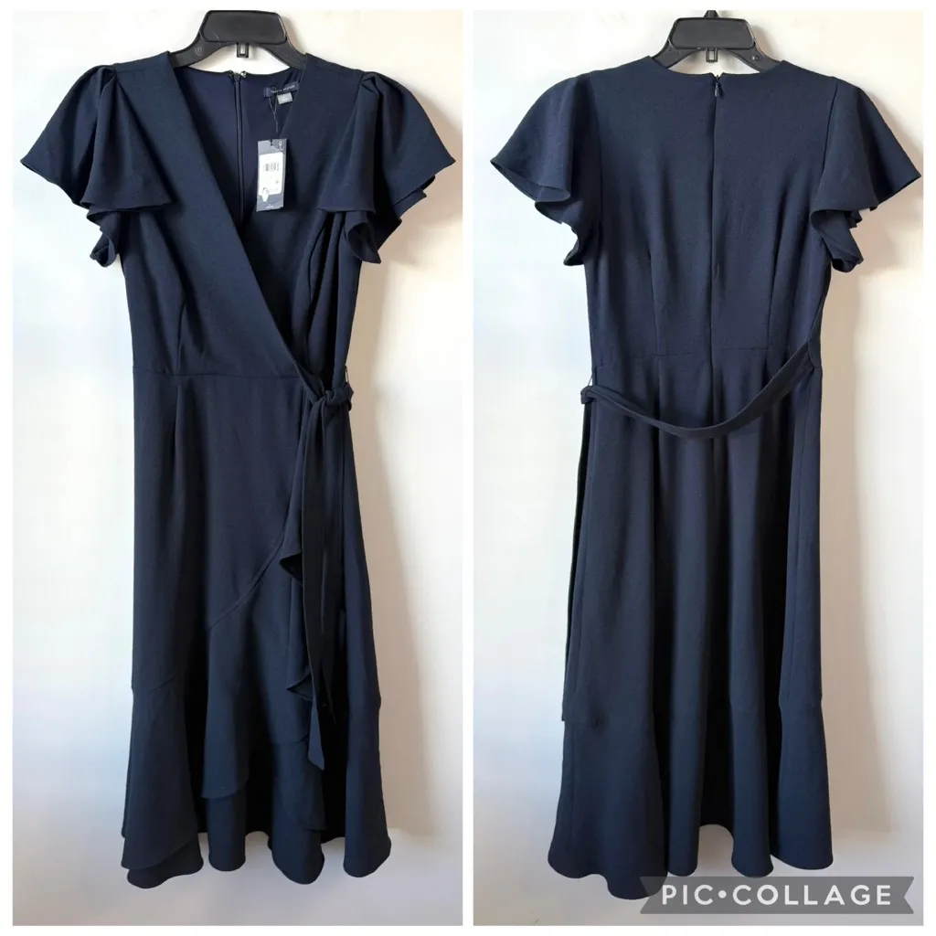 Tommy Hilfiger Flutter Sleeve Faux Wrap Midi Dress Navy Blue 4 - Image 3