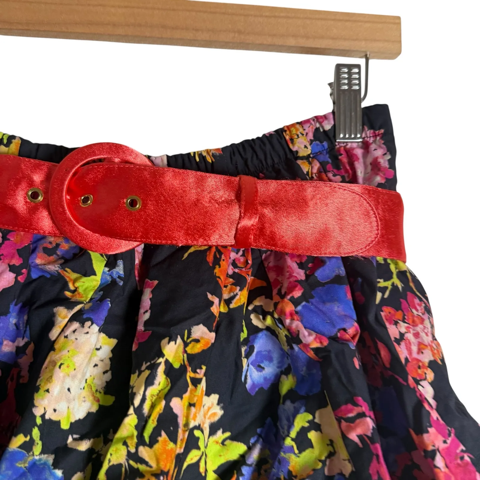 Caroline Constas Reign Black Multi Floral Tiered Ruffle Belted Mini Skirt M Size M - Image 2