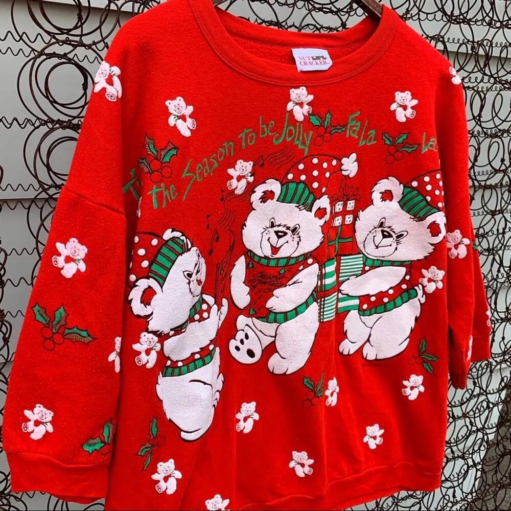 Vint. 1989 Red Christmas teddy bear Winter Granny sweatshirt Size XL - Image 3
