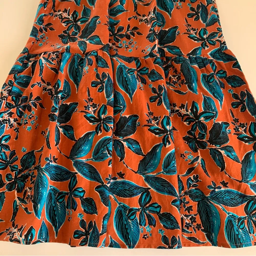 Jason Wu Terracotta and Teal Floral Linen Blend Boho Tropical Midi Dress Small - Image 12