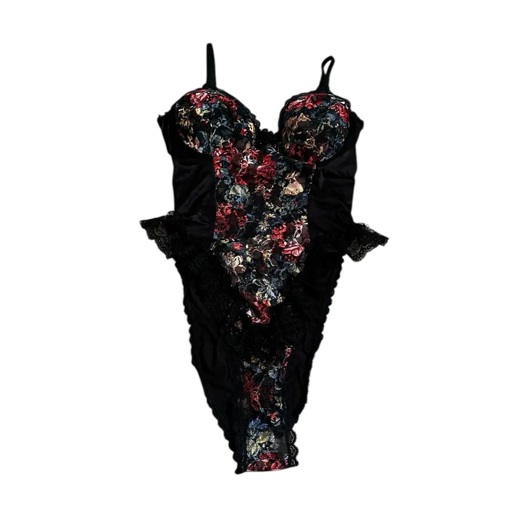 Vintage 90s Black Floral Ruffle Lace Sheer Lingerie Teddy High Cut Size Large - Image 2