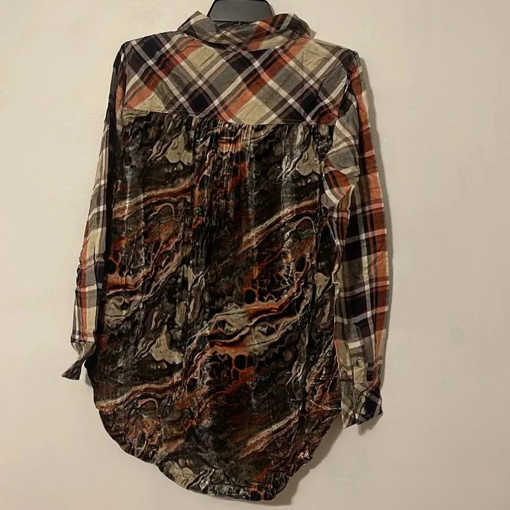 Tolani Collection Plaid Top w/ Printed Velvet Back Navy/Orange Xs NWT - Image 7
