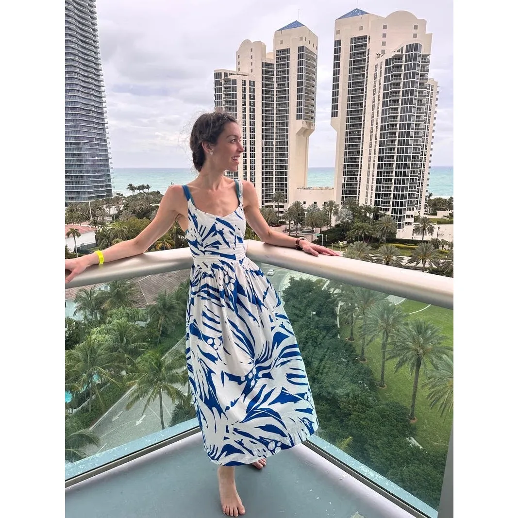 S/W/F Blue White Abstract 100% Cotton Botanical Print Wave Waist Midi Dress S - Image 12