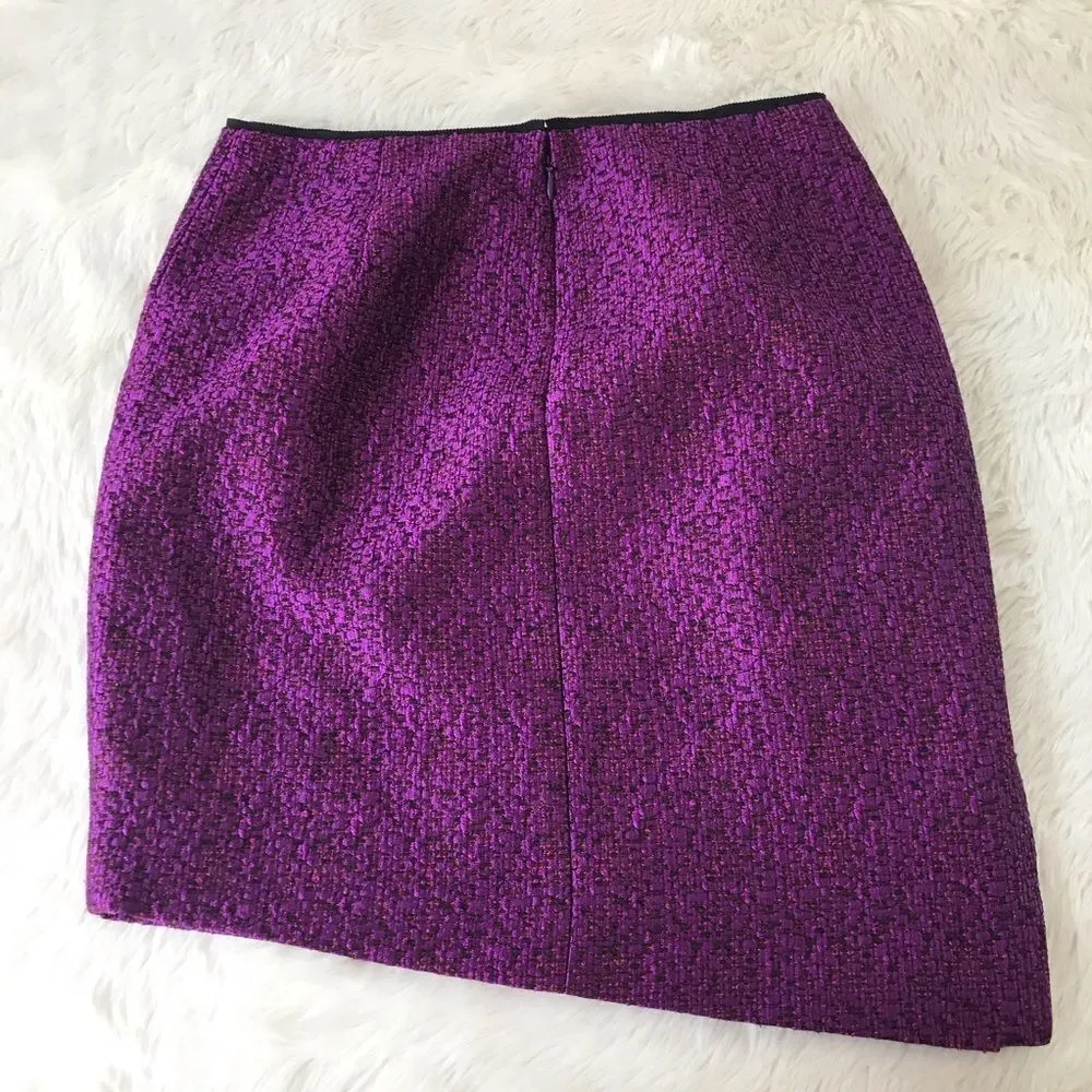 ELIE‎ TAHARI Purple Metallic Tweed Pencil Skirt Mini Wool Asymmetrical Size 2 - Image 8