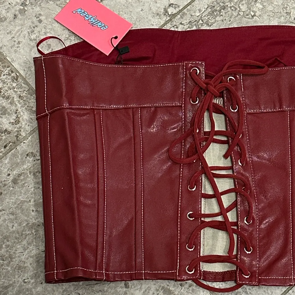 Edikted Moss Faux Leather Lace Up Corset Burgundry NEW Medium - Image 6