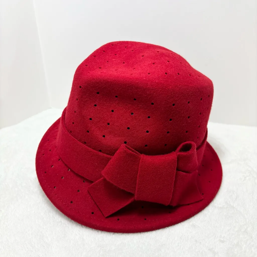 Midnight‎ Velvet 100% Wool Fedora Red Hat with Bow - Image 9