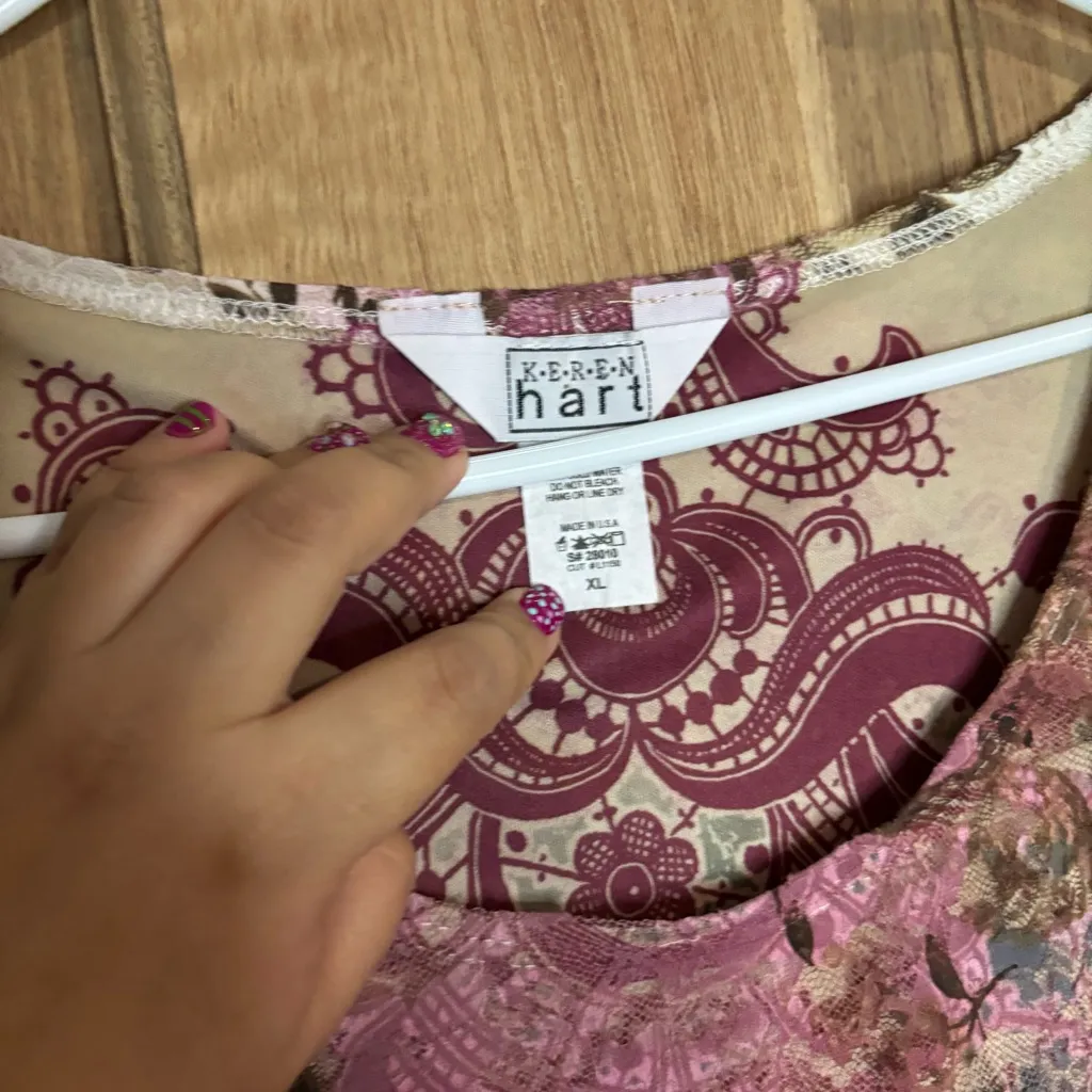 KEREN hart vintage women’s Floral Pink‎ and Cream lace Blouse size XL Pink - Image 2