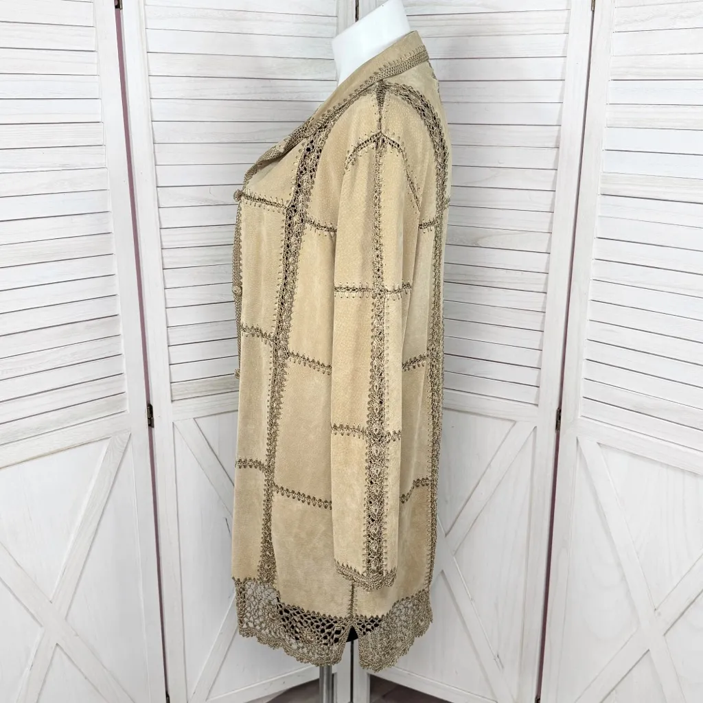 Vintage Hudson Place Suede Crochet Patchwork Duster Jacket Tan XL Western Boho‎ - Image 2