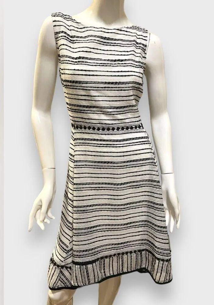 Taylor Sleeveless Ivory Black Tweed Striped Fit N Flare Midi Dress Size 10 NWT White - Image 2