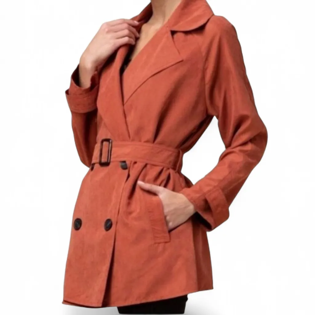 Faux Suede‎ Double Breasted Trench Coat - Image 5