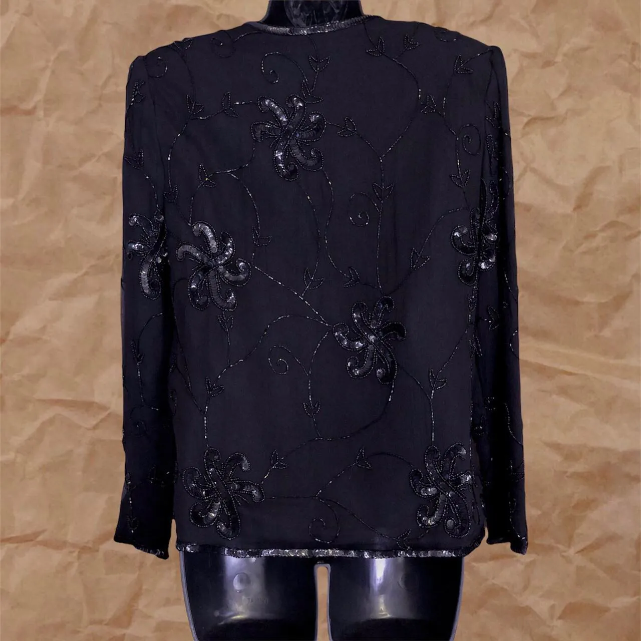 Vintage Black Sequin Beaded Silk Jacket Size S petite - Image 3