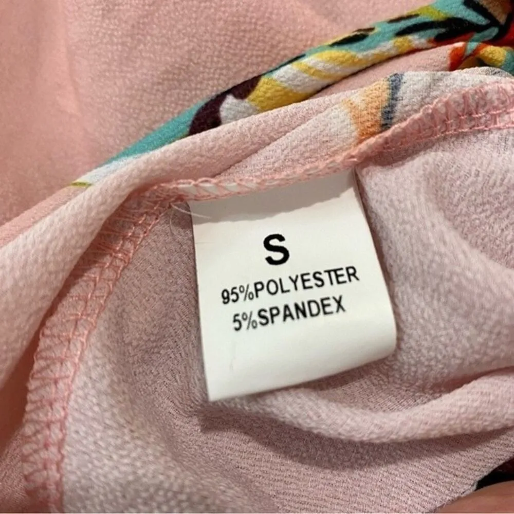 Women’s Short Sleeve V Neck Faux Wrap Gathered Front Floral Blouse Pink NWOT - Image 5