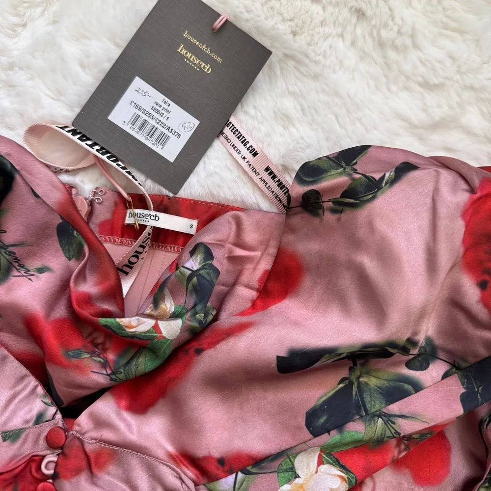 House of CB Rose Print Corset Longsleeve Toira Dress S - Pink Red - Image 6