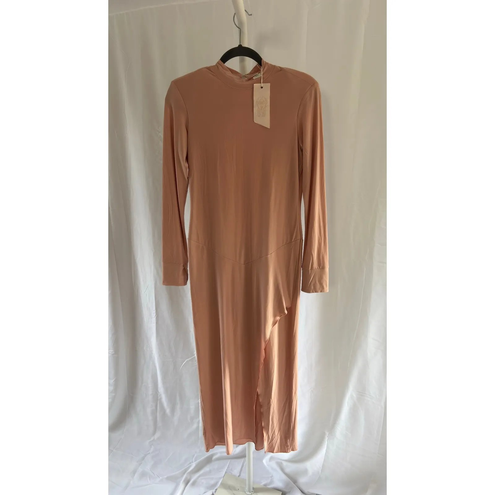 $248 NWT We Are HAH Southern Lady Mock Neck Long Sleeve Side Slit Midi Dress M Pink Size M - Image 4